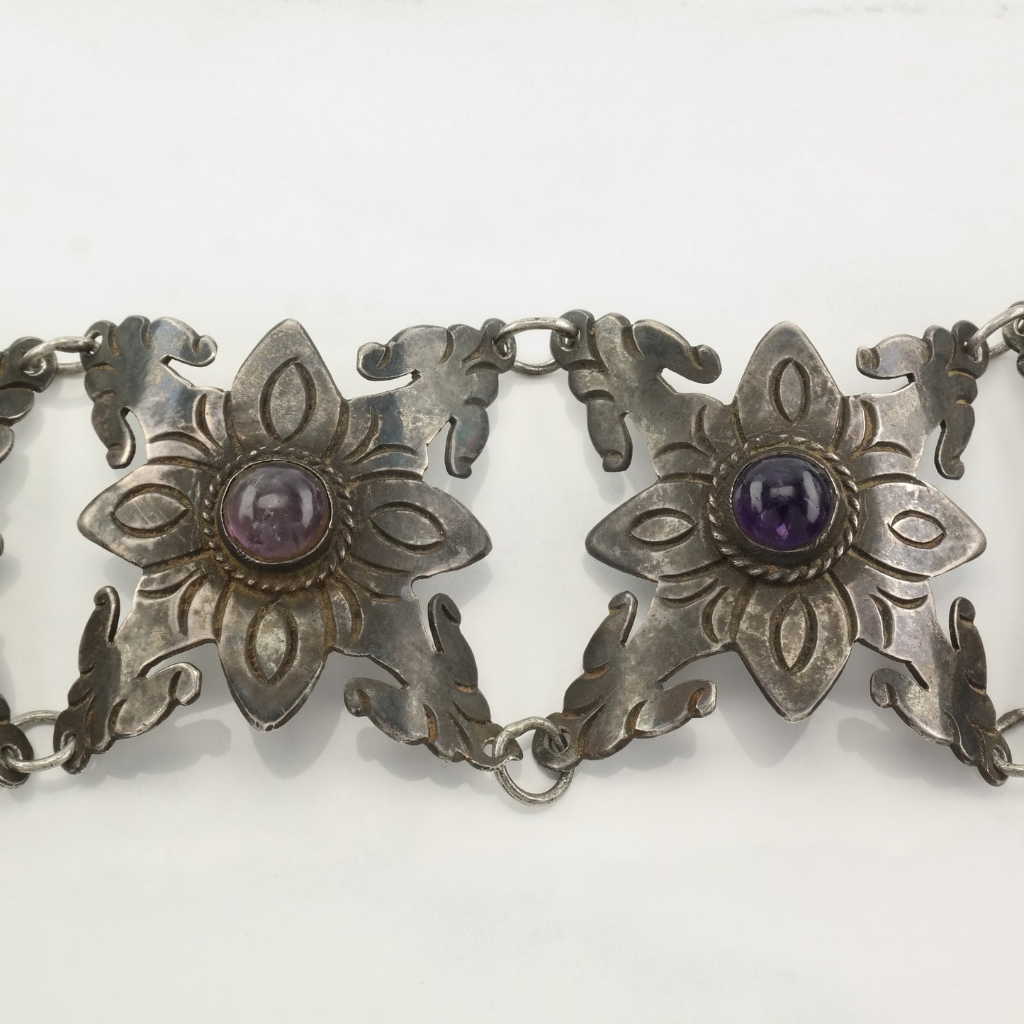 Pre Eagle, Taxco Sterling Silver Link Bracelet Purple Amethyst Floral