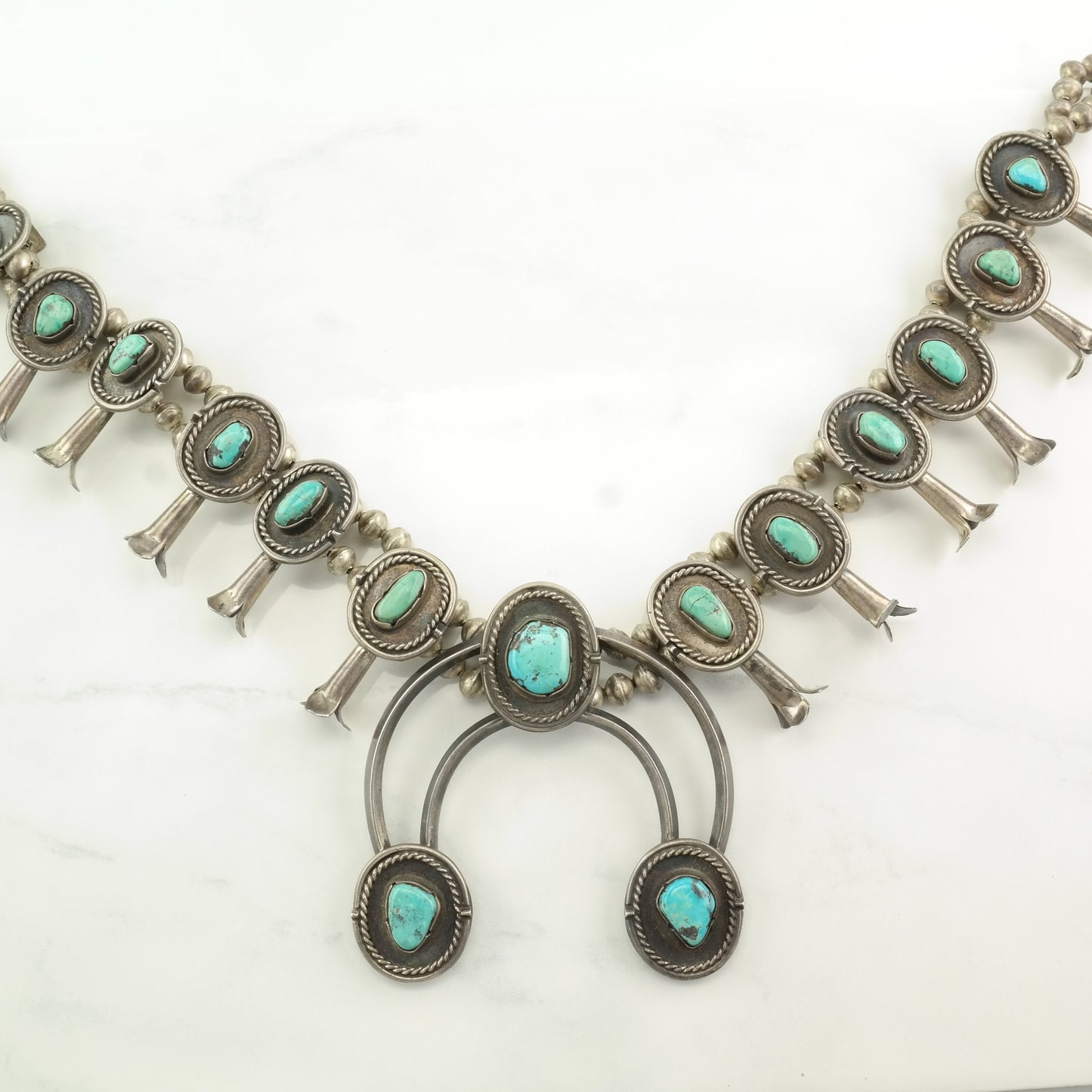 Native American Sterling Silver Blue Turquoise Squash Blossom Necklace