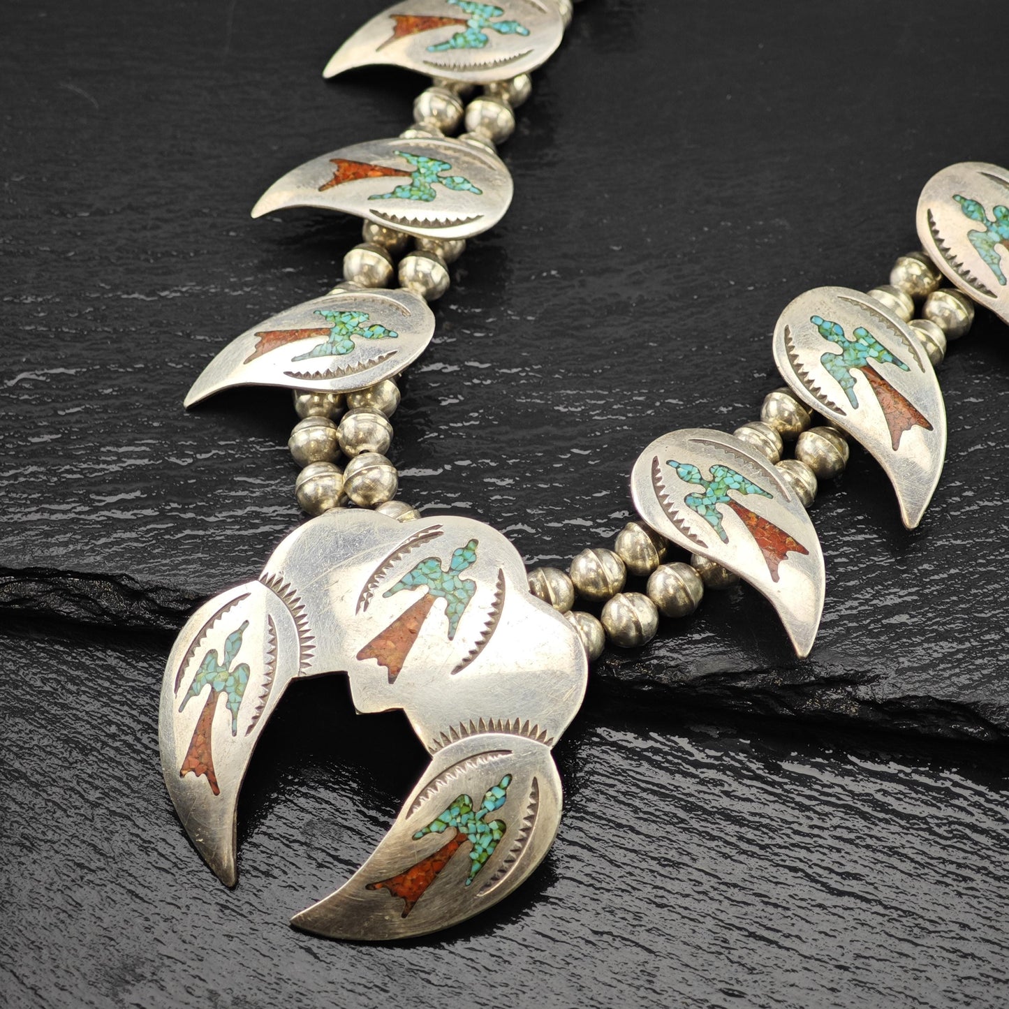 Navajo Turquoise Coral Chip Inlay Peyote Bird Squash Blossom Necklace Sterling Silver N2662