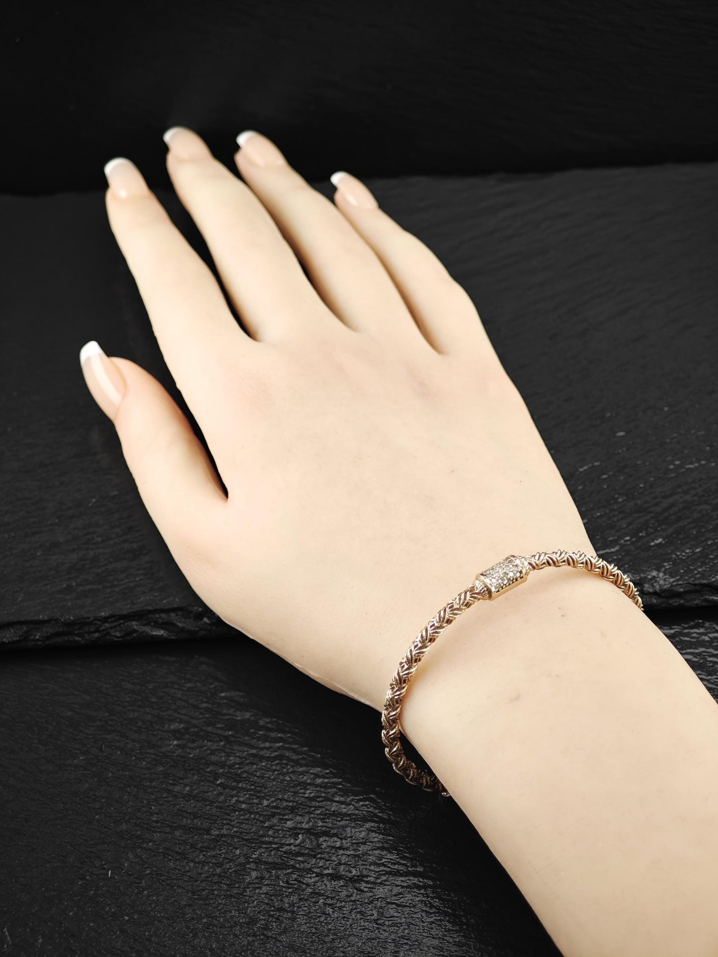 Rose Gold Plate Diamond Woven Cuff Bracelet Sterling Silver