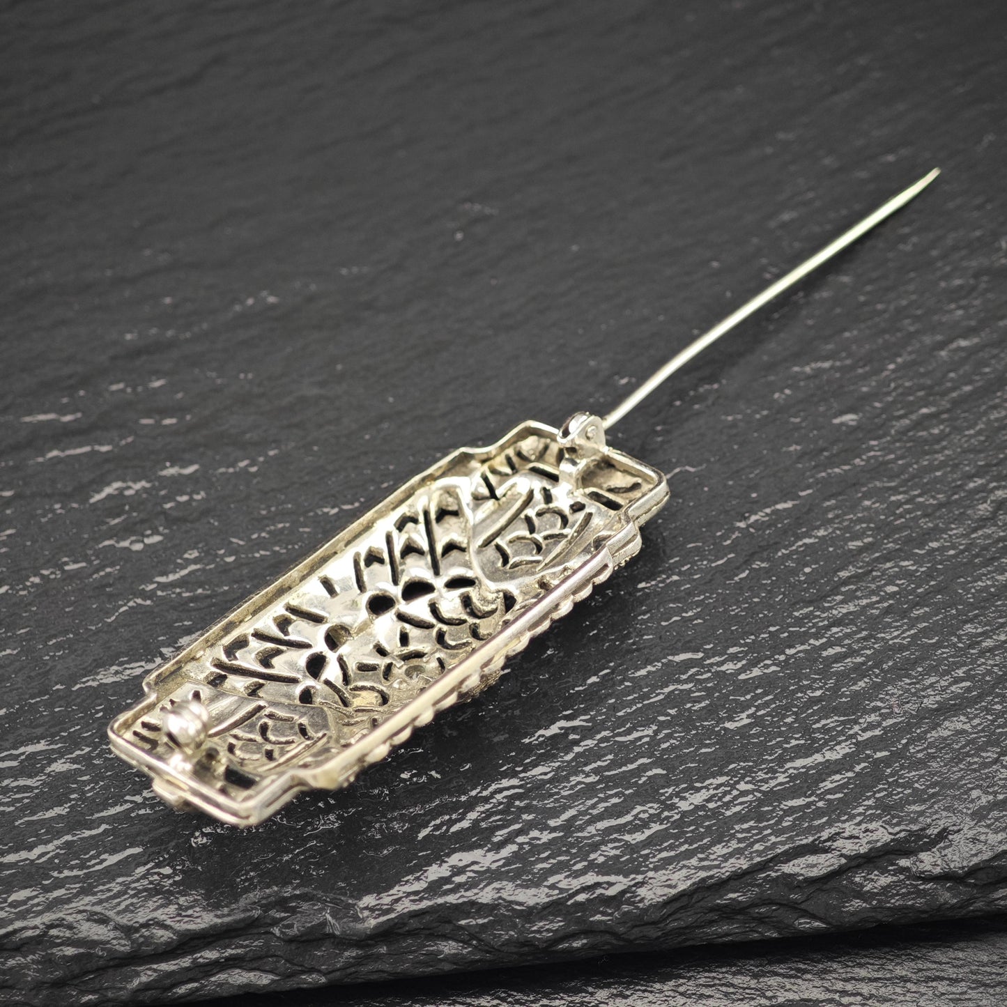 Art Deco Sterling Silver Brooch Filigree White Paste