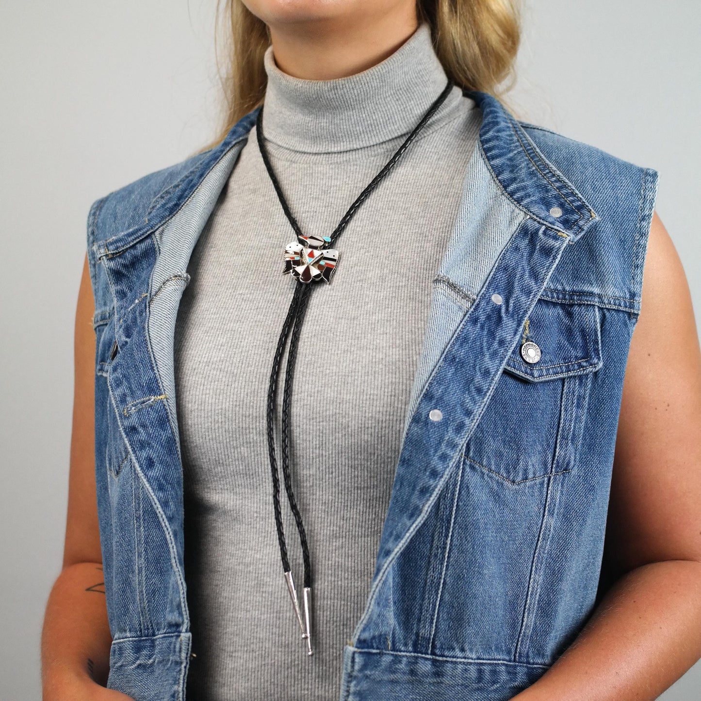 Vintage Native American Sterling Silver, Inlay Thunderbird Bolo Tie Necklace N2743