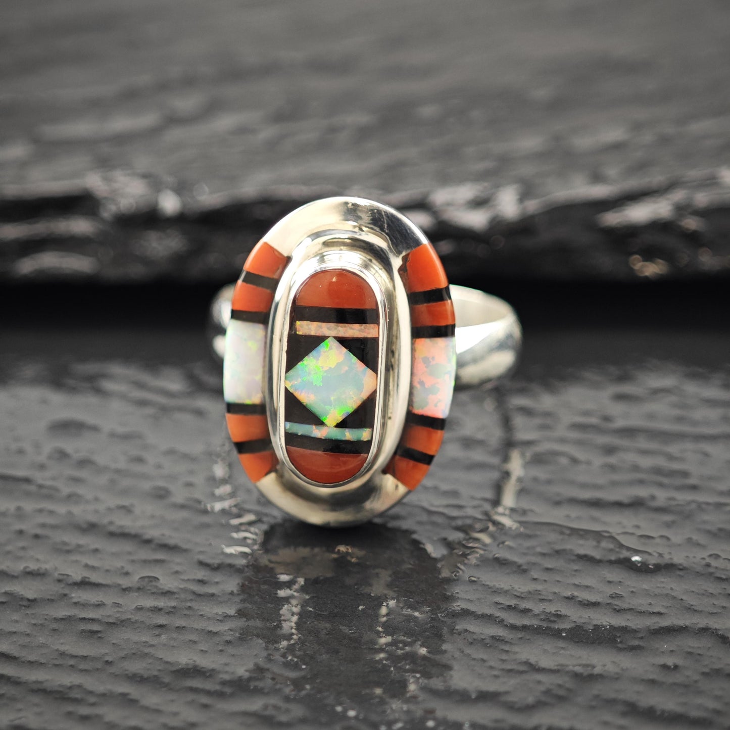 Native Opal, Coral Inlay Ring Sterling Silver Sz 9 1/2 R5952