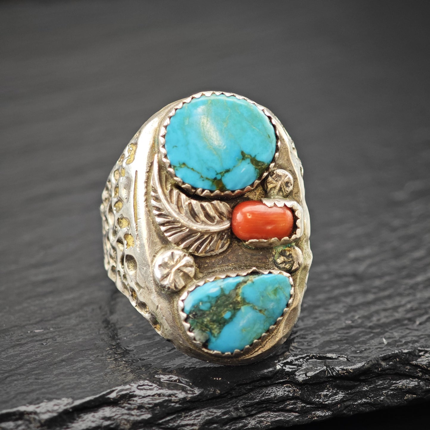 Native American Turquoise, Coral Floral Ring Sterling Silver Sz 13 1/4