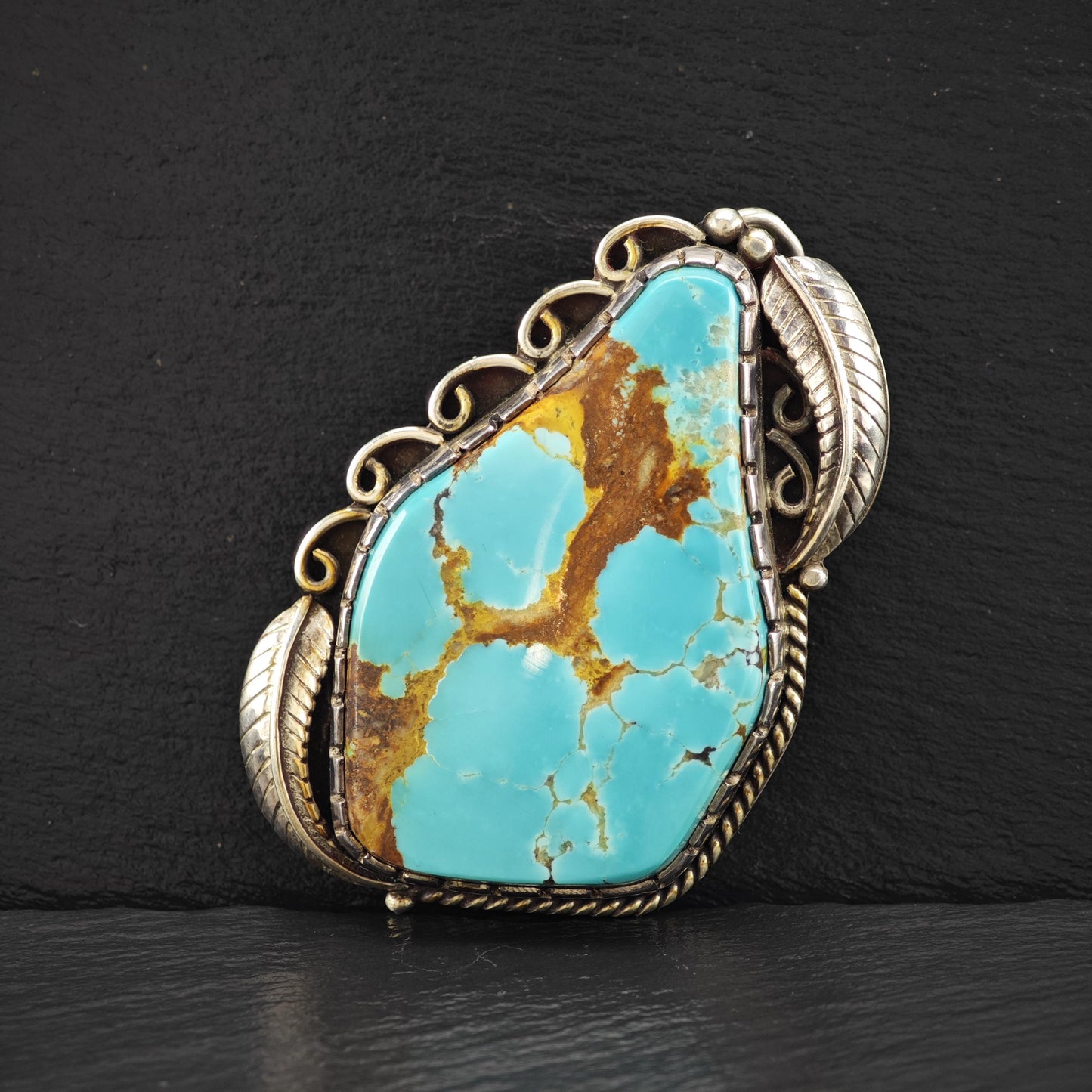 Lg Navajo Turquoise Feather Pendant Sterling Silver P2836