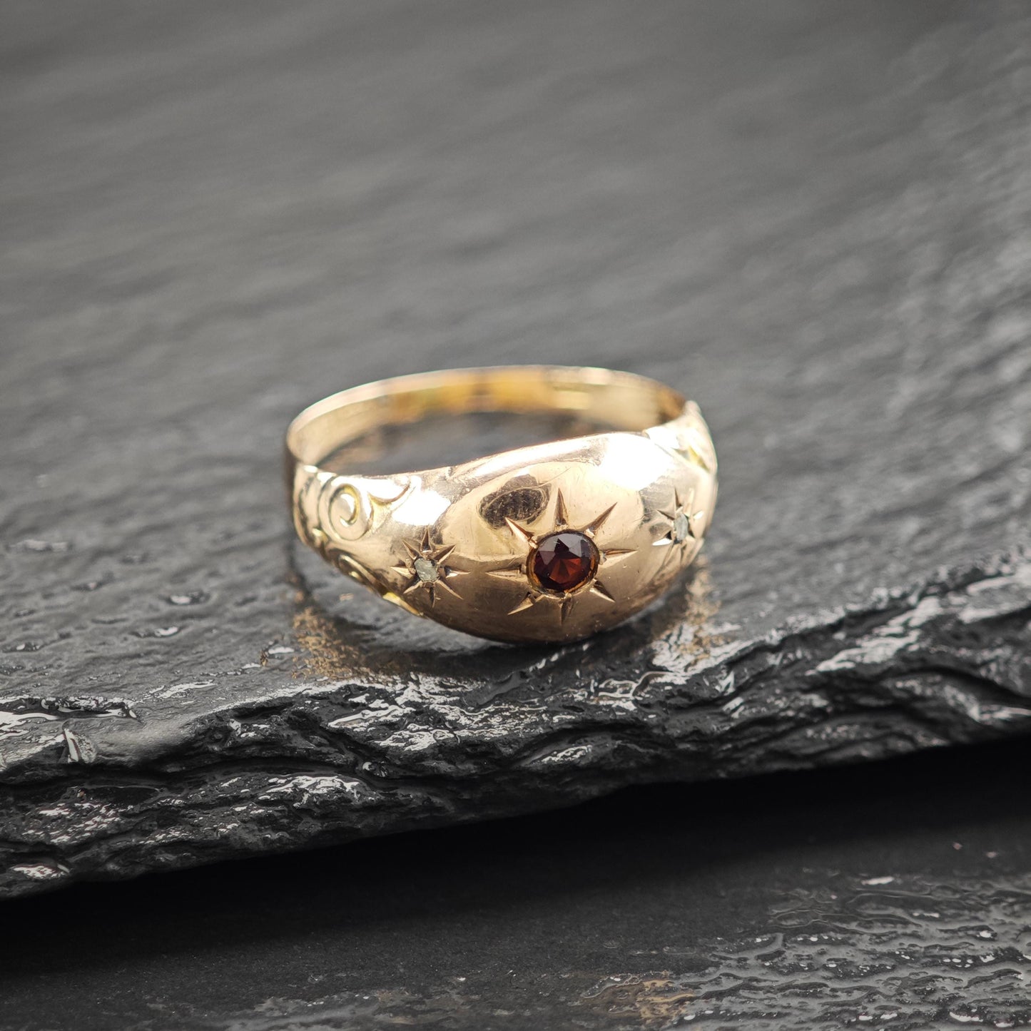 1909 Antique 9k Gold Ring Garnet Diamond Ring