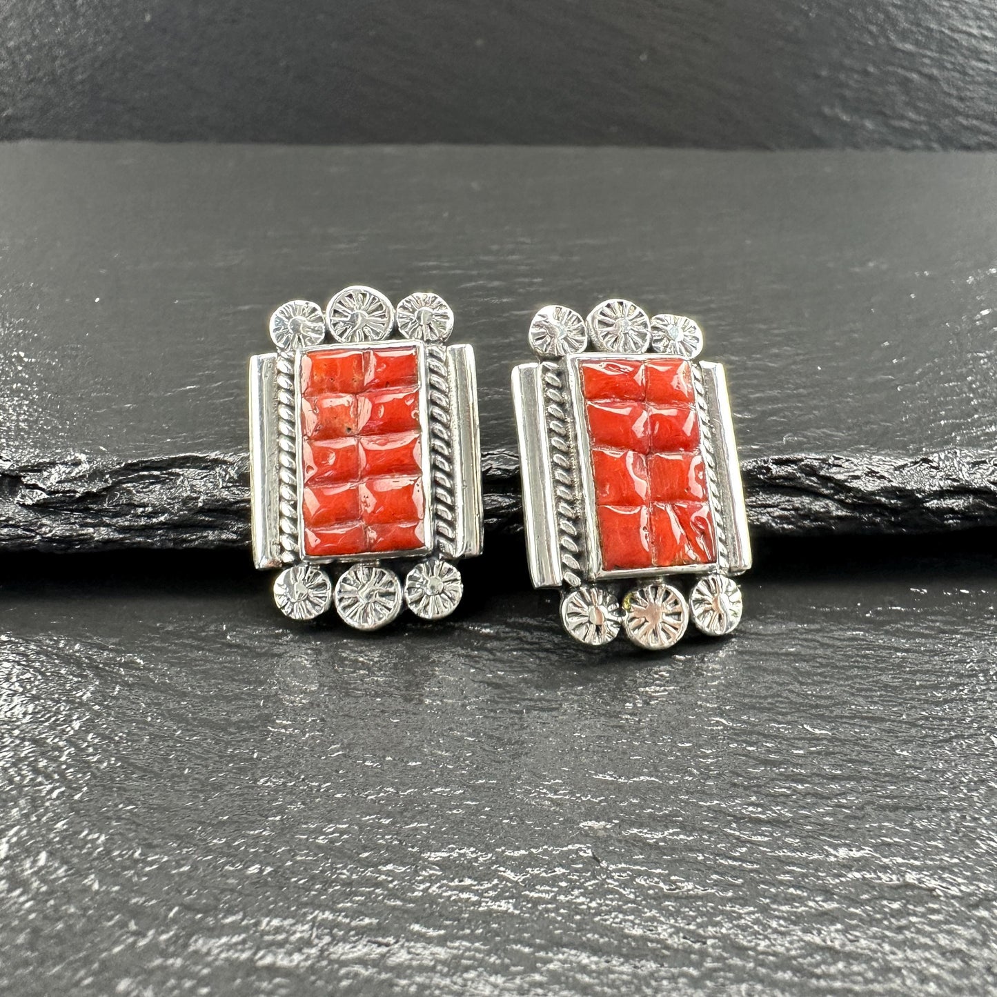 Southwest Red Coral Inlay Stud Earrings Sterling Silver