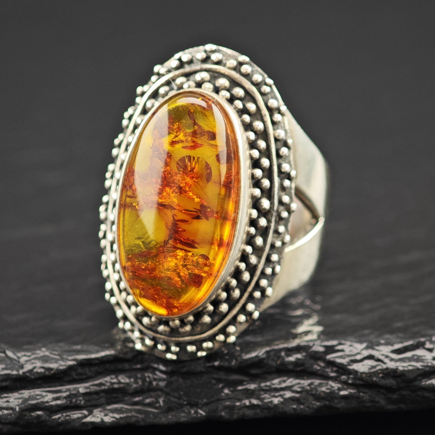 Oval Amber Ring Sterling Silver Statement Jewelry Size 6 R6091