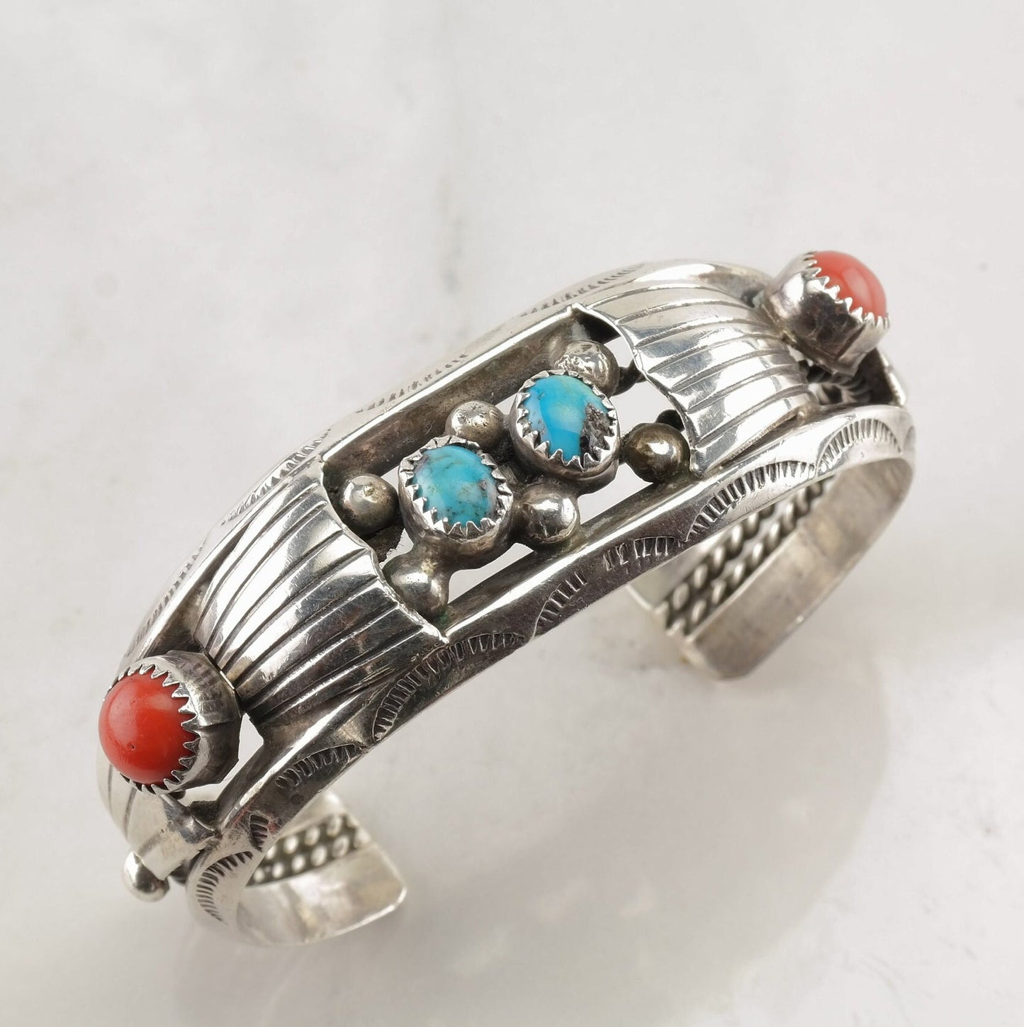 Native American Sterling Silver Turquoise Coral Cuff Bracelet