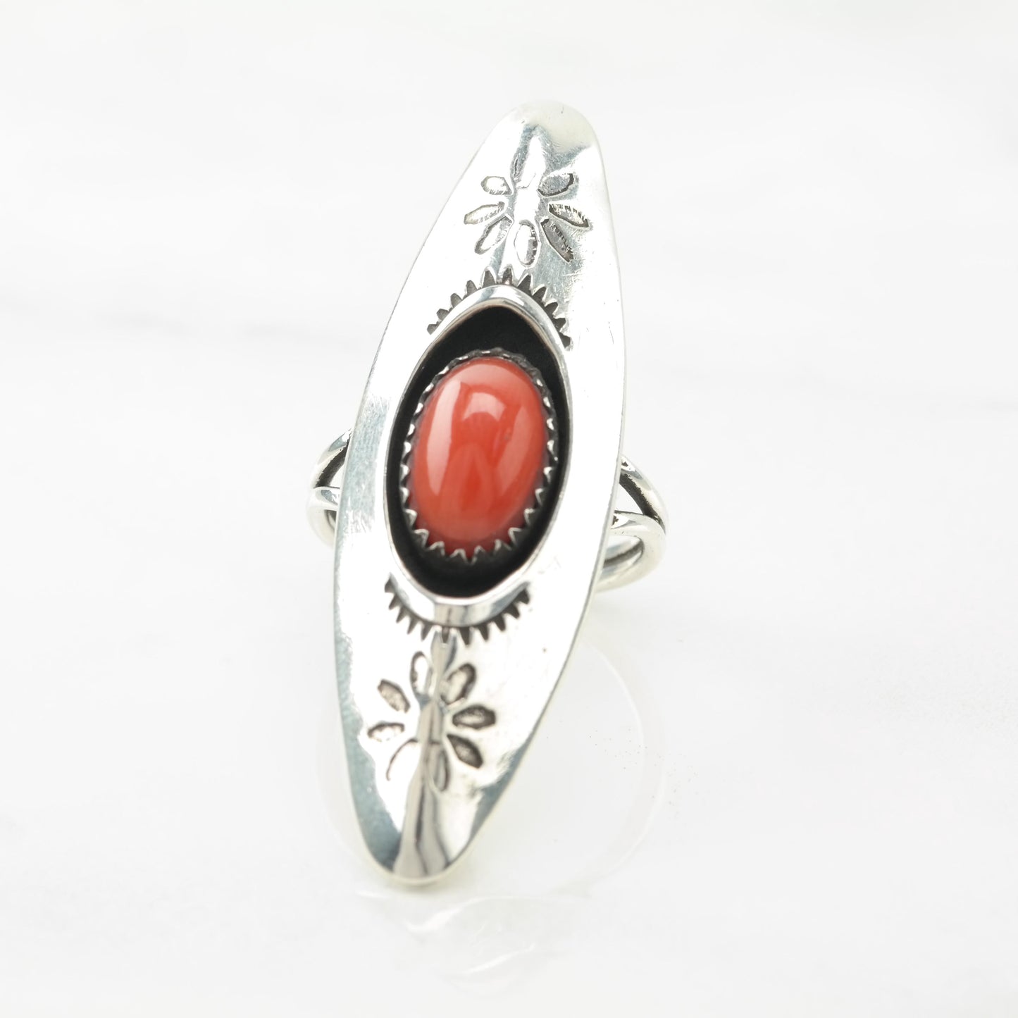 Native American Red Coral, Floral Stamped, Shadow Box, Long Sterling Silver Ring Size 5 1/2