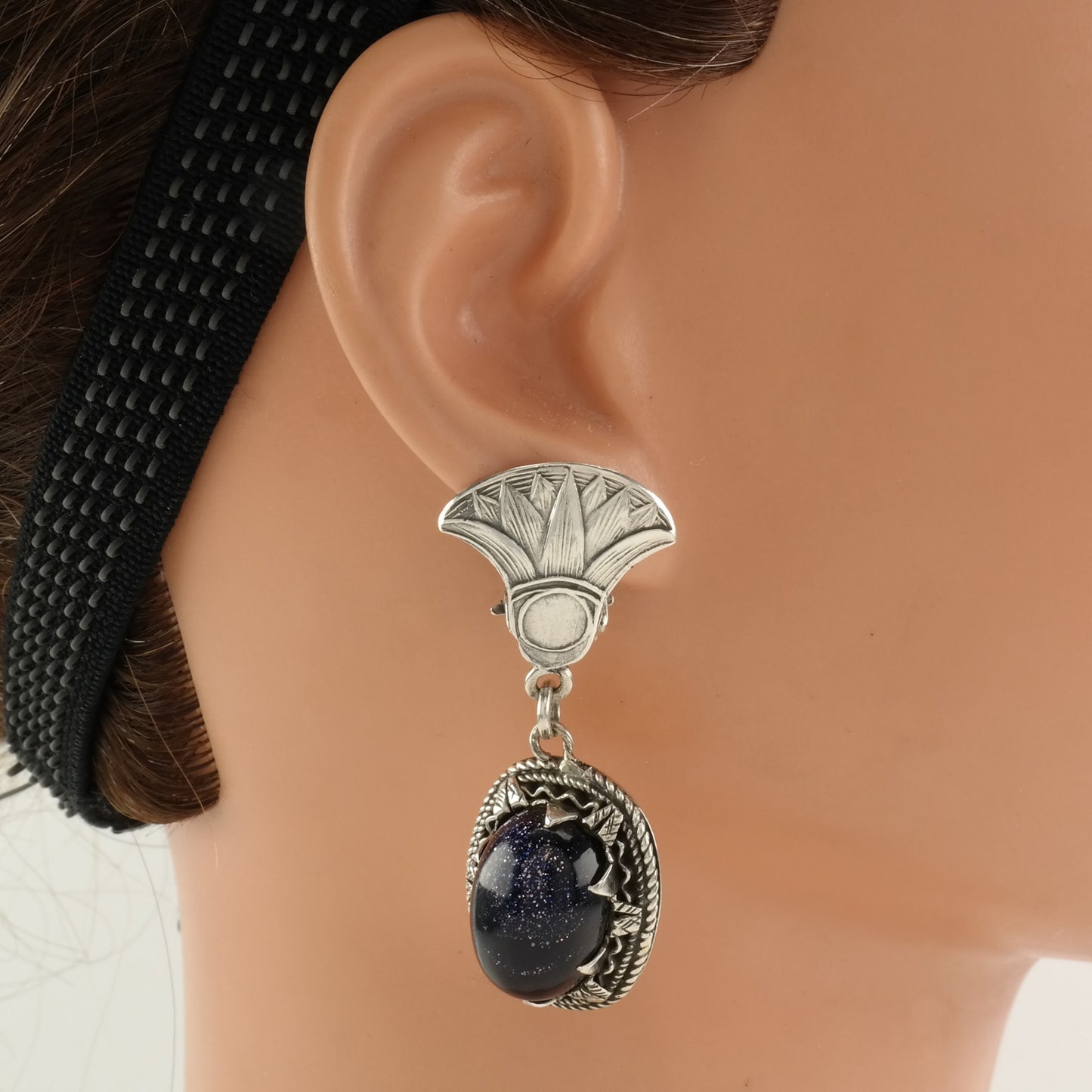 Egyptian Revival Sterling Silver Blue Goldstone Earrings Clip On