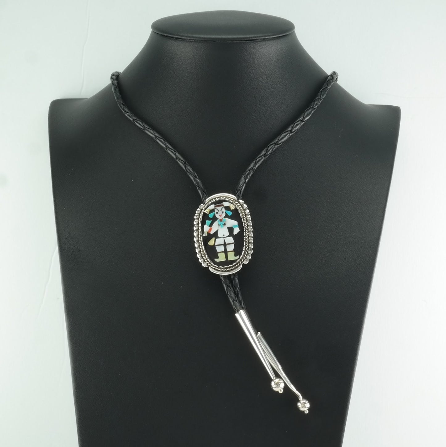 Zuni Calavaza Inlay Bolo Tie Figure Sterling Silver Turquoise Coral Necklace