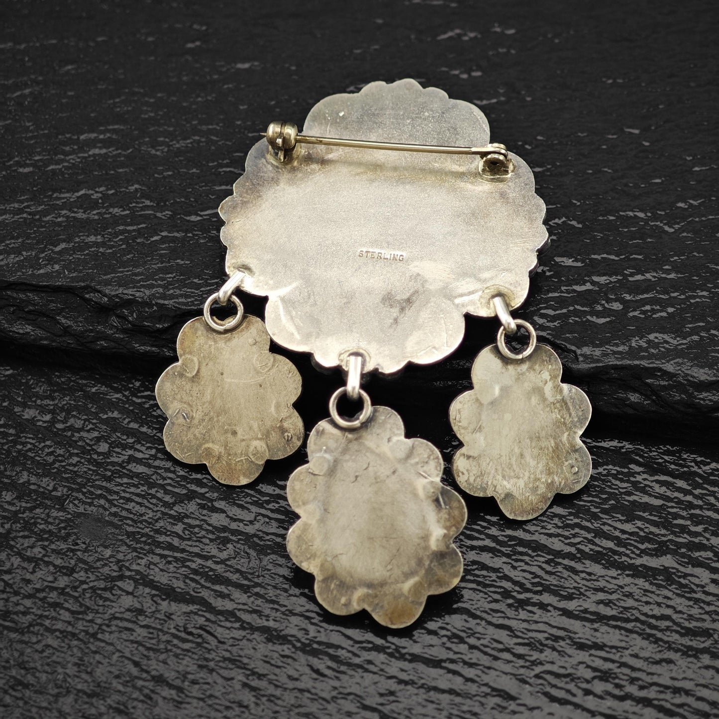 Native American Turquoise Brooch, Floral Stamped Sterling Silver