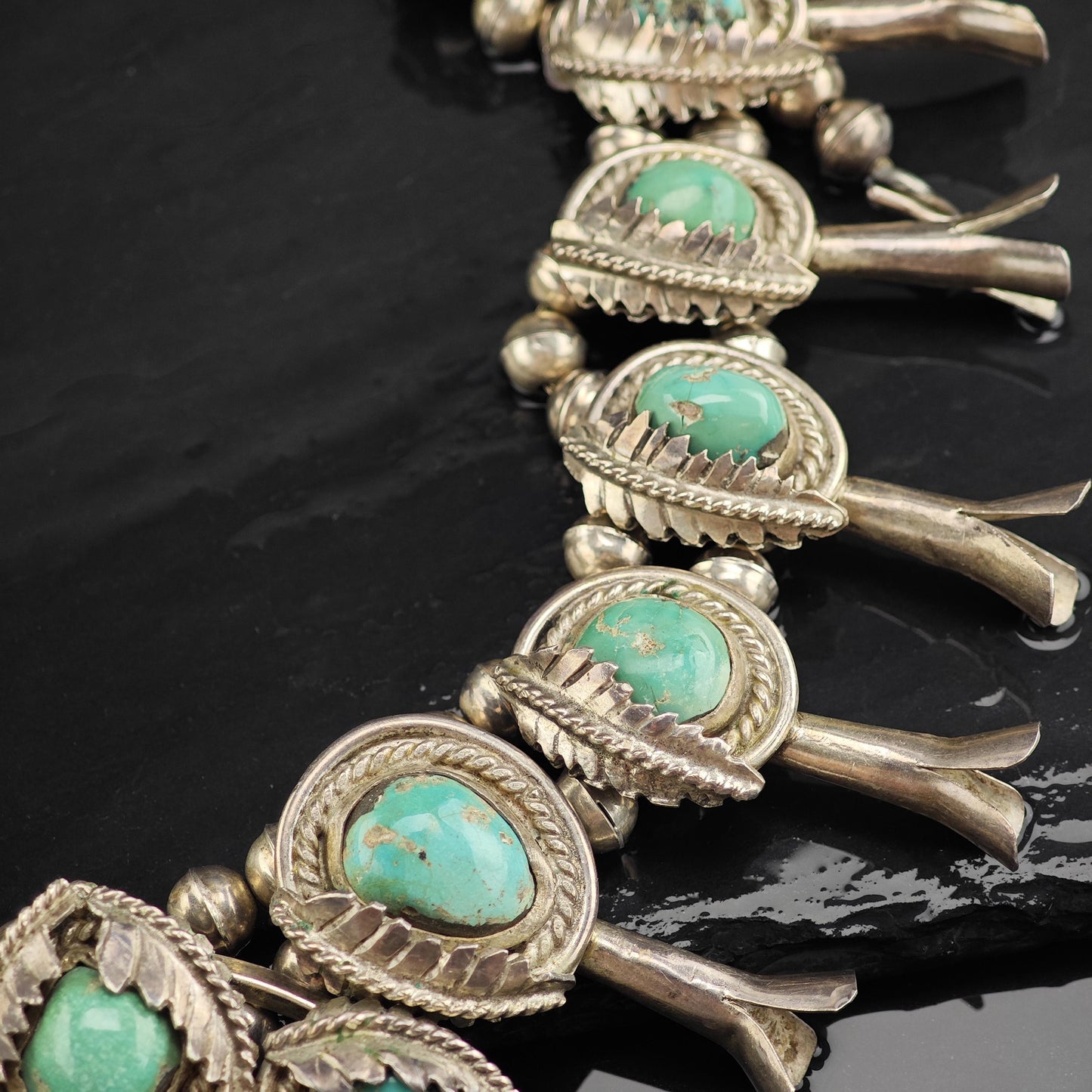 Vintage Native American Morenci Turquoise Sterling Silver Squash Blossom Necklace N2728