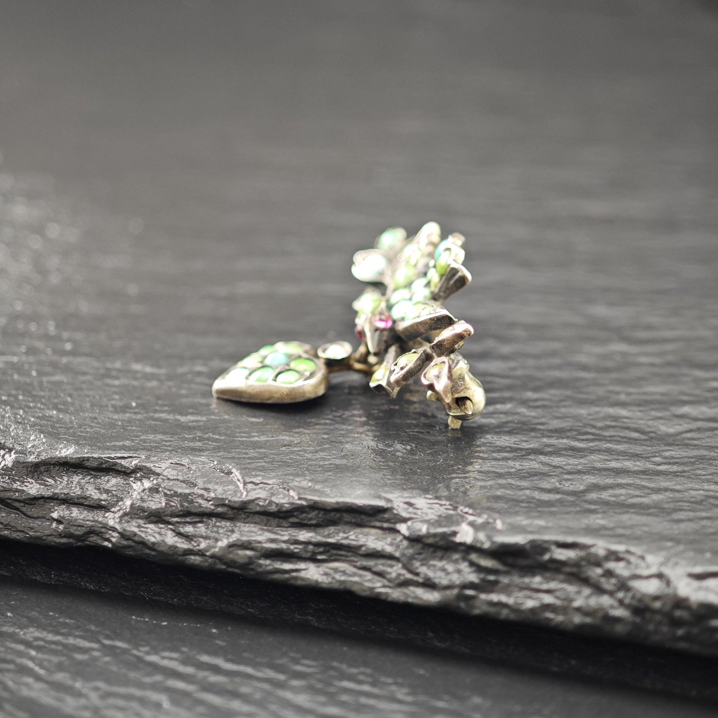 Victorian, Antique Bird, Heart Blue, Green Turquoise, Pink Ruby Brooch Sterling Silver