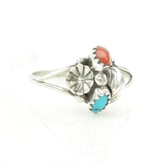 Southwest Silver Ring Turquoise, Coral Floral Sterling Blue, Red Size 9