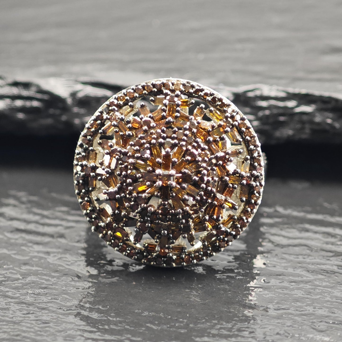 Brown Diamond Cluster Sterling Silver Ring Sz 6 R6609