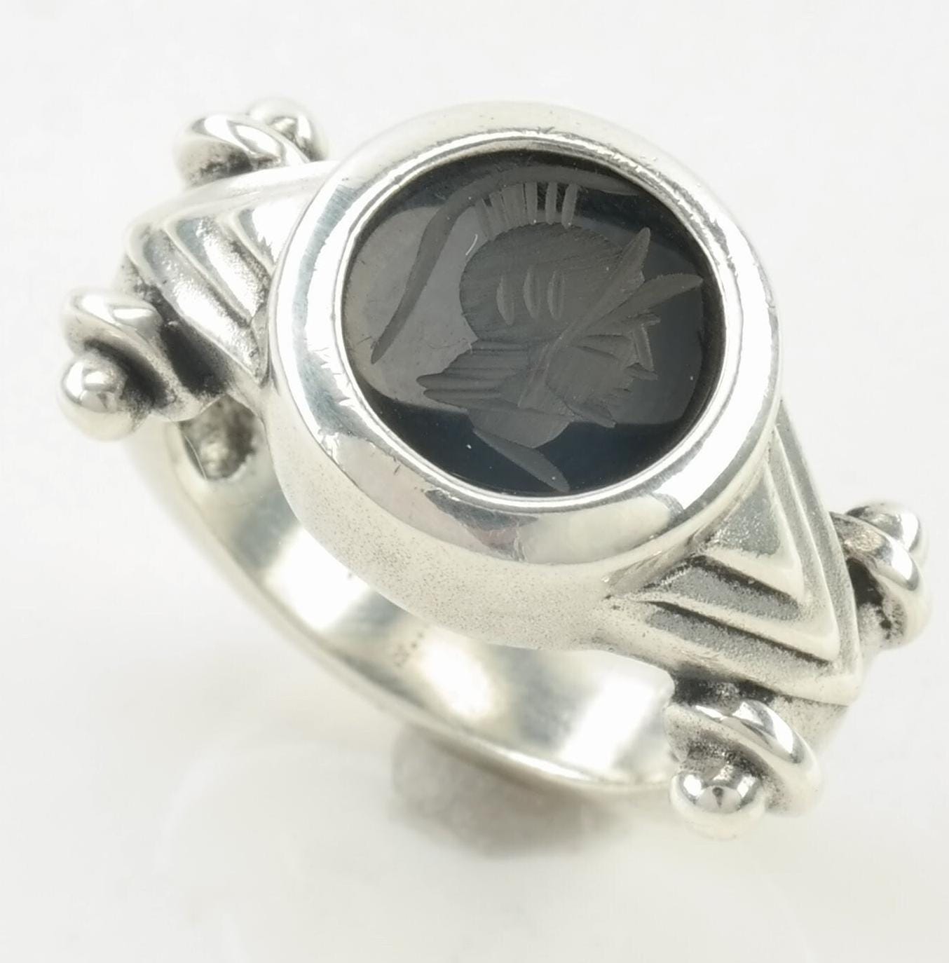 Vintage Sterling Silver Ring Onyx Intaglio Roman Soldier Black Size 4 1/4