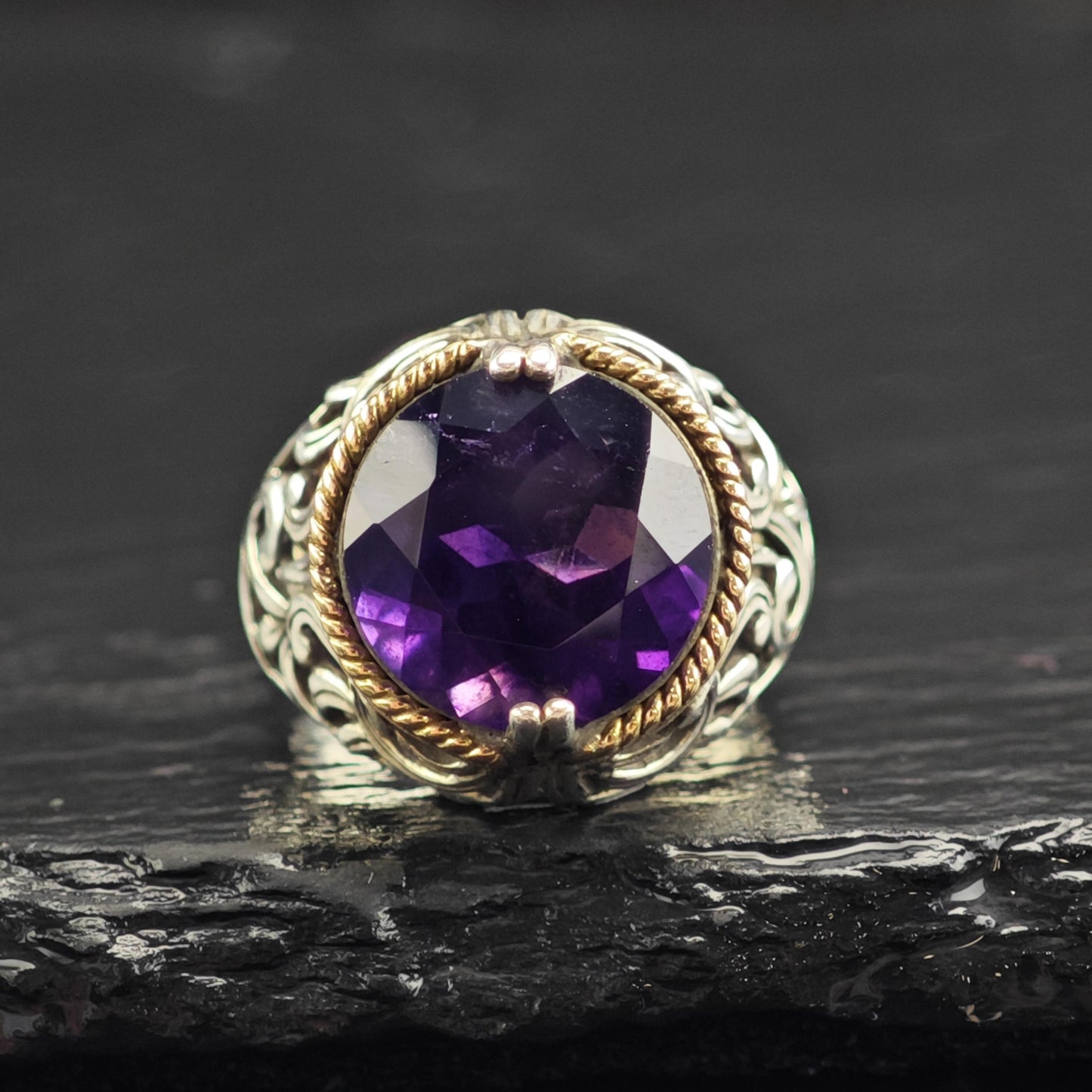 Amethyst 14k Gold Bezel Sterling Silver Ring Sz 6 R6571
