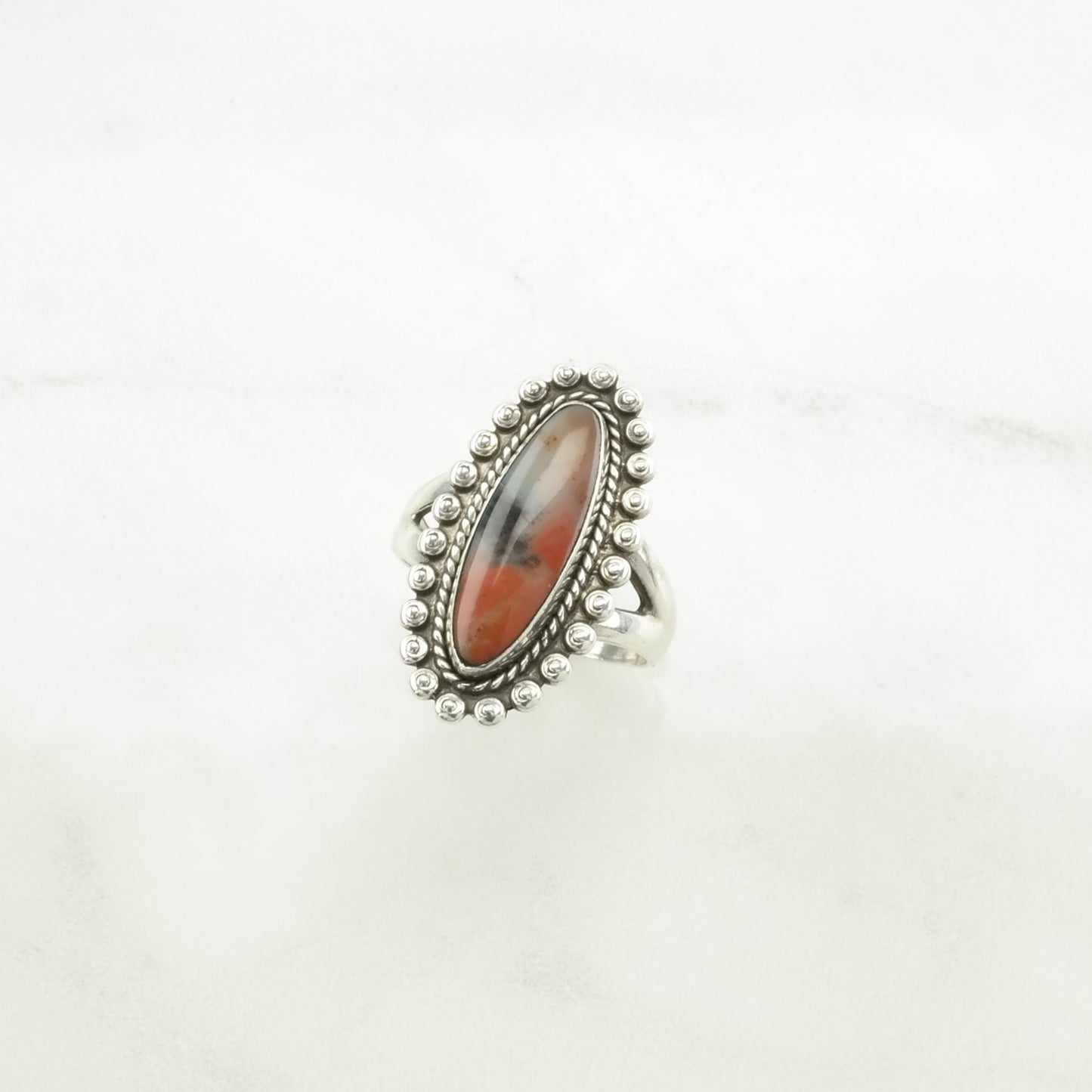 Native American Silver Ring Petrified Wood Navette Sterling Orange Size 6 1/2