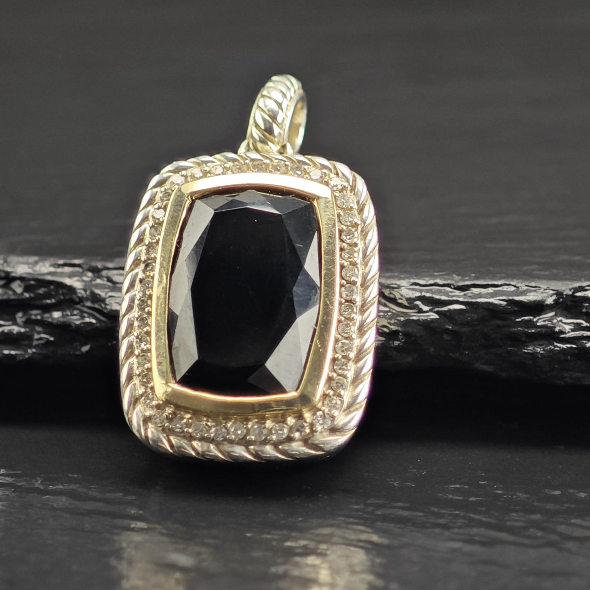 Vintage Designer Diamond Onyx 14K Bezel Woven Sterling Silver Pendant P3087