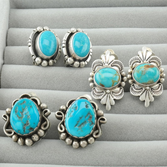 Vintage Native American Turquoise Clip On Earrings Sterling Silver