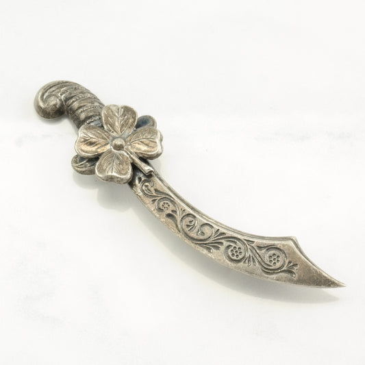 Vintage Brooch Floral, Four Leaf Clover Scimitar Sterling Silver