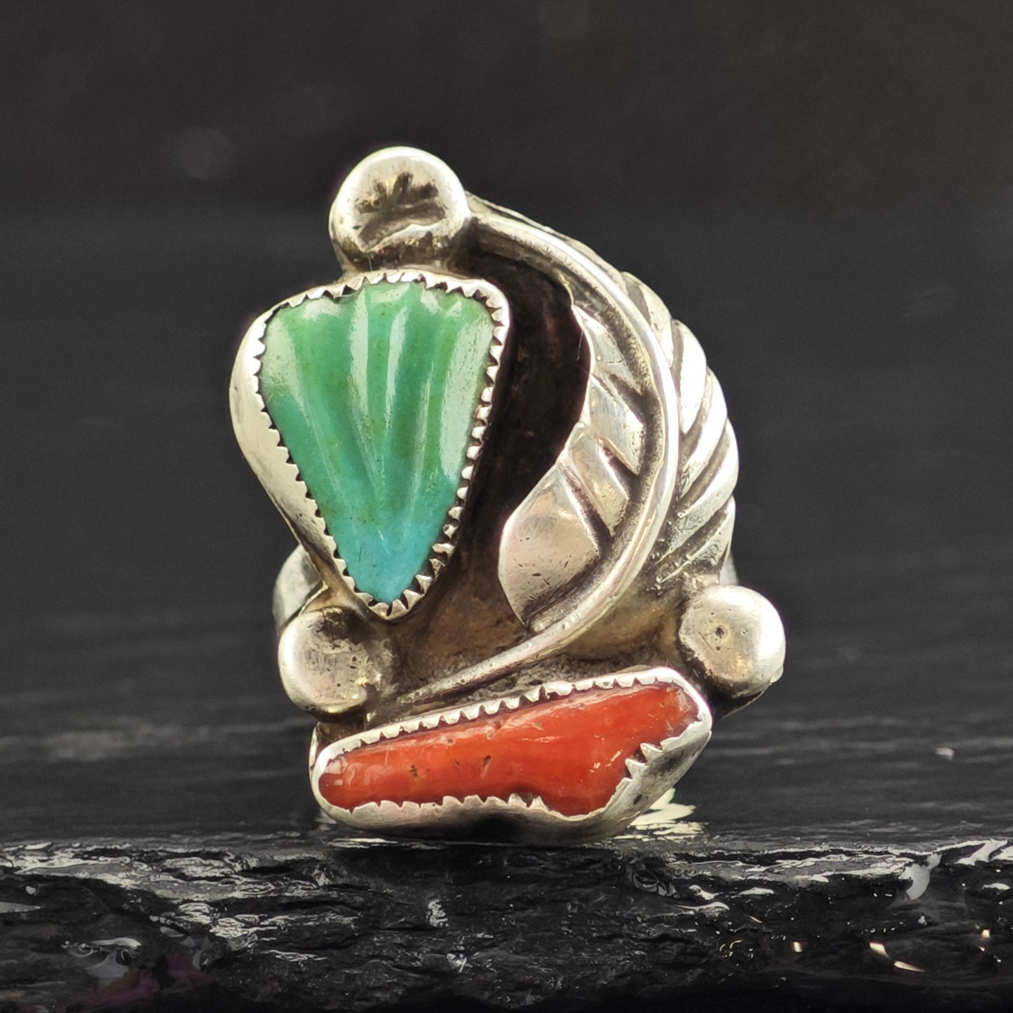 Eustace Zuni Carved Turquoise & Coral Sterling Silver Ring Sz 5 3/4 R6561