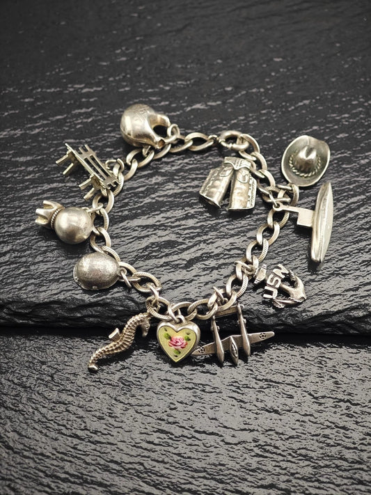 1930's WWII USN, Enamel Heart Charm, Bracelet Sterling Silver BR2911