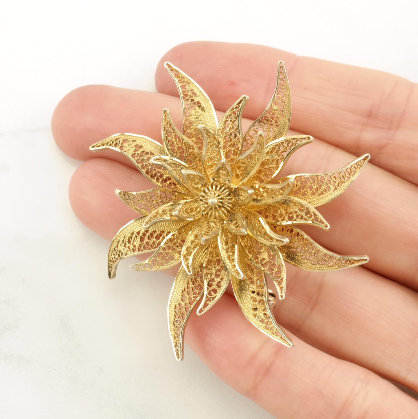 Silver Brooch Gold Tone Flower, Filigree Sterling