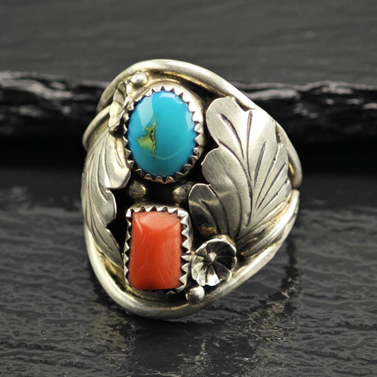 Vintage Native American Turquoise & Coral Leaf Detail Sterling Silver Ring Sz 11 3/4 R6630