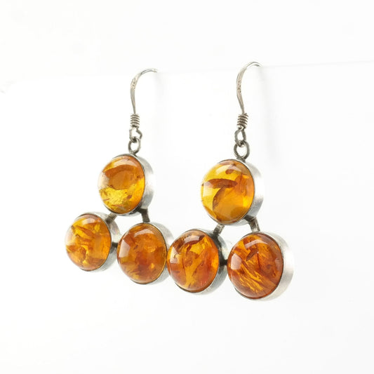 Sterling Silver Baltic Amber 3 Stone Earrings Fish hook/Dangle