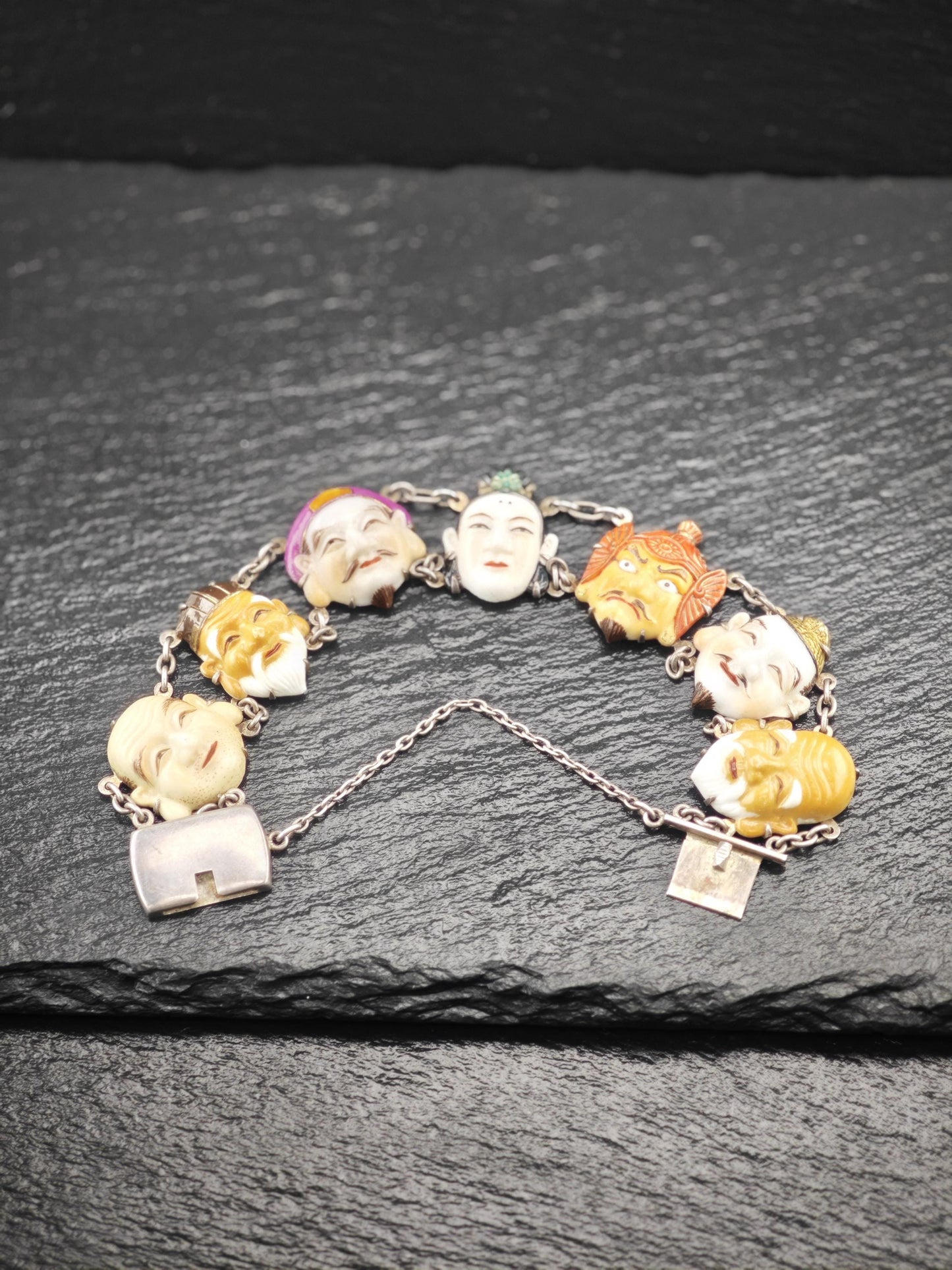 Pristine Japanese Toshikane, 7 Gods of Fortune Bracelet, Porcelain Sterling Silver