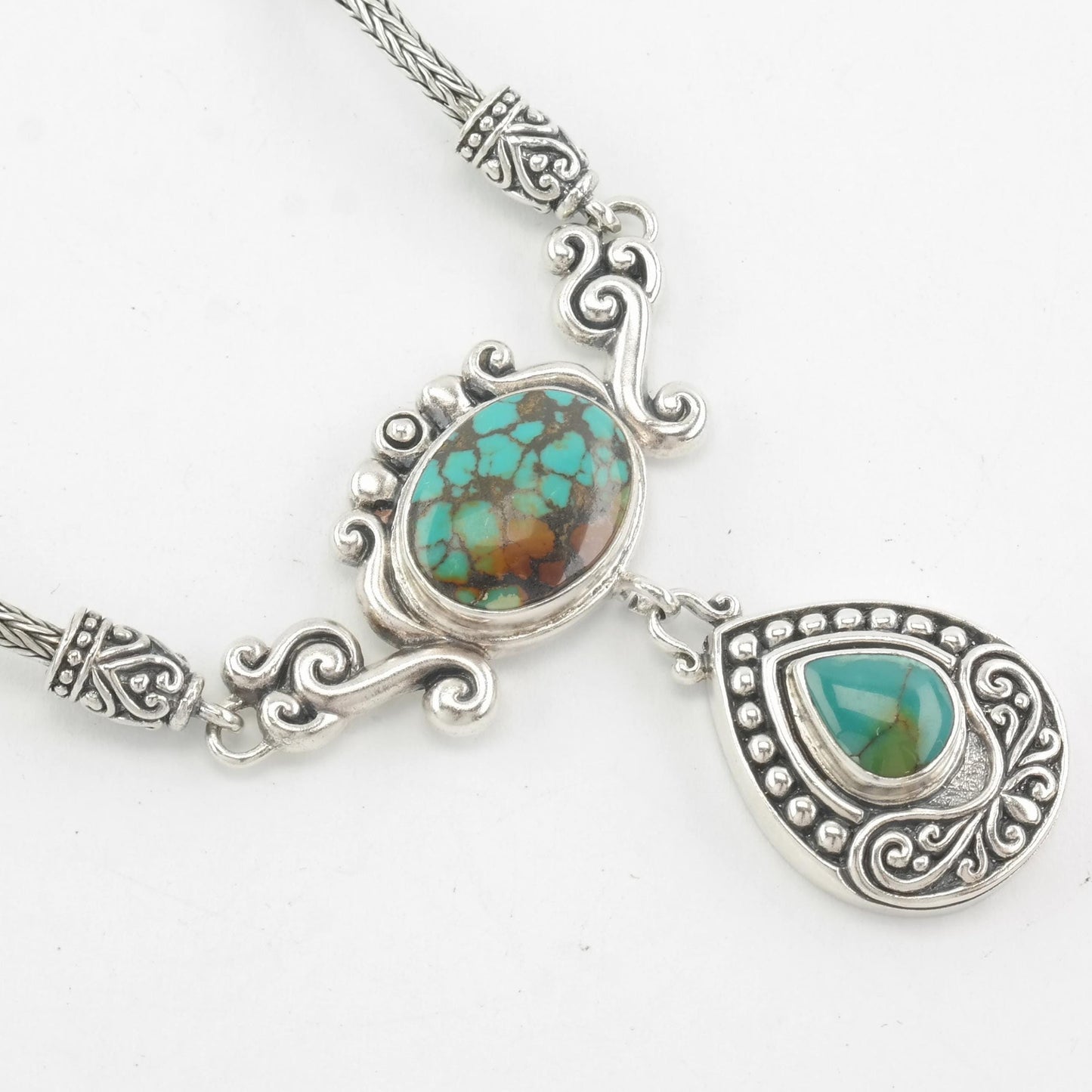 Vintage Southwest Sterling Silver Blue, Brown Turquoise Ornate Necklace