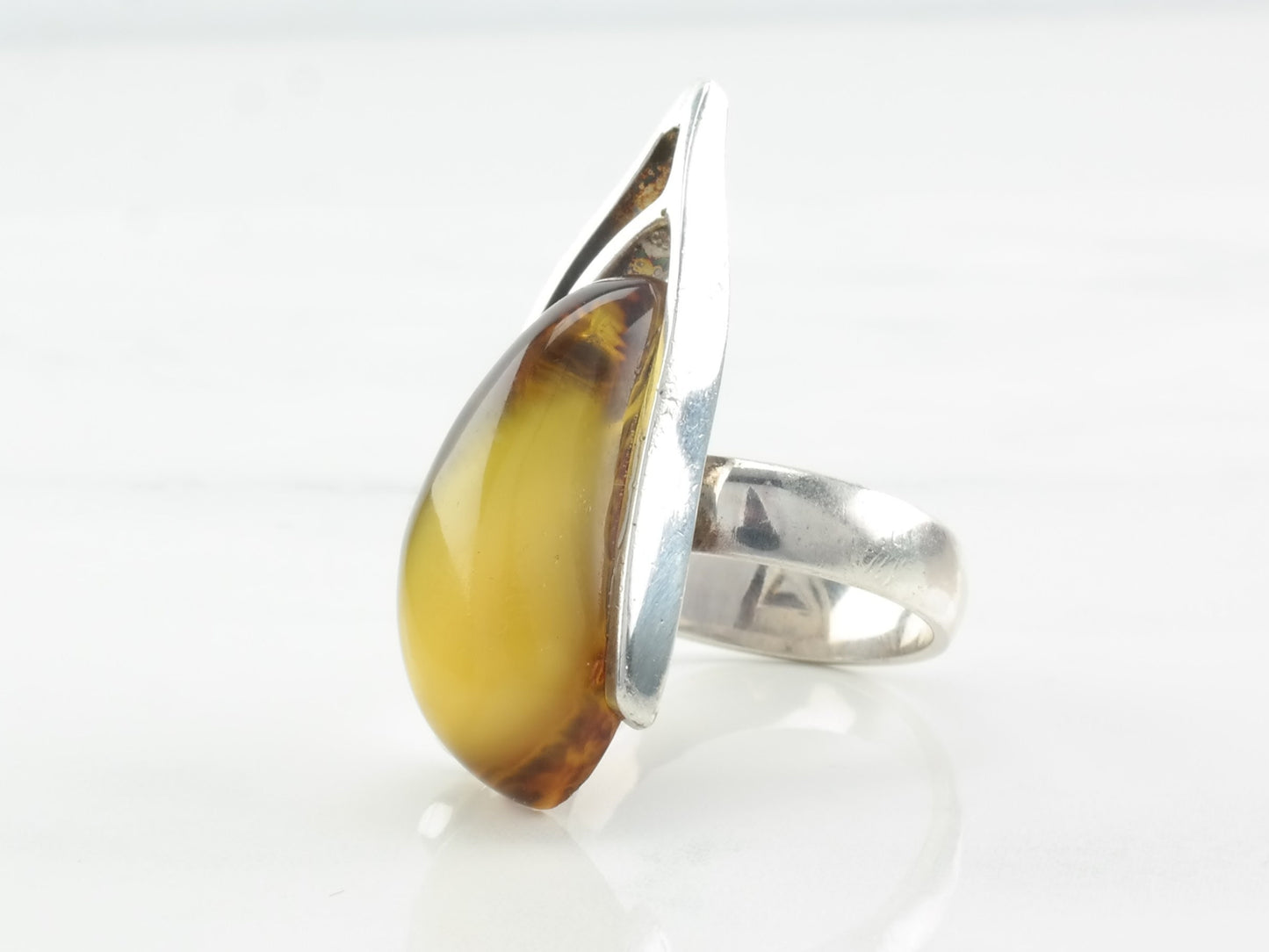 Sterling Silver Amber Ring Modernist Abstract Size 7