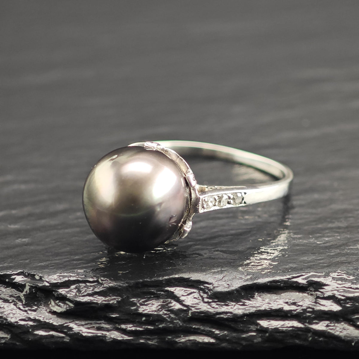 Diamond & 11mm Tahitian Pearl Platinum Ring Sz 7 1/2 R6760