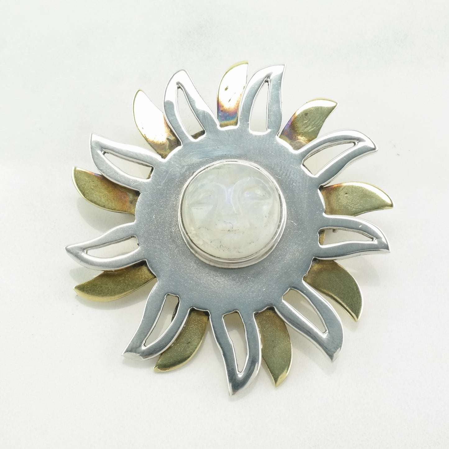 Mexican Sterling Silver Brooch Pendant Two Tone Sun, Carved Moonstone