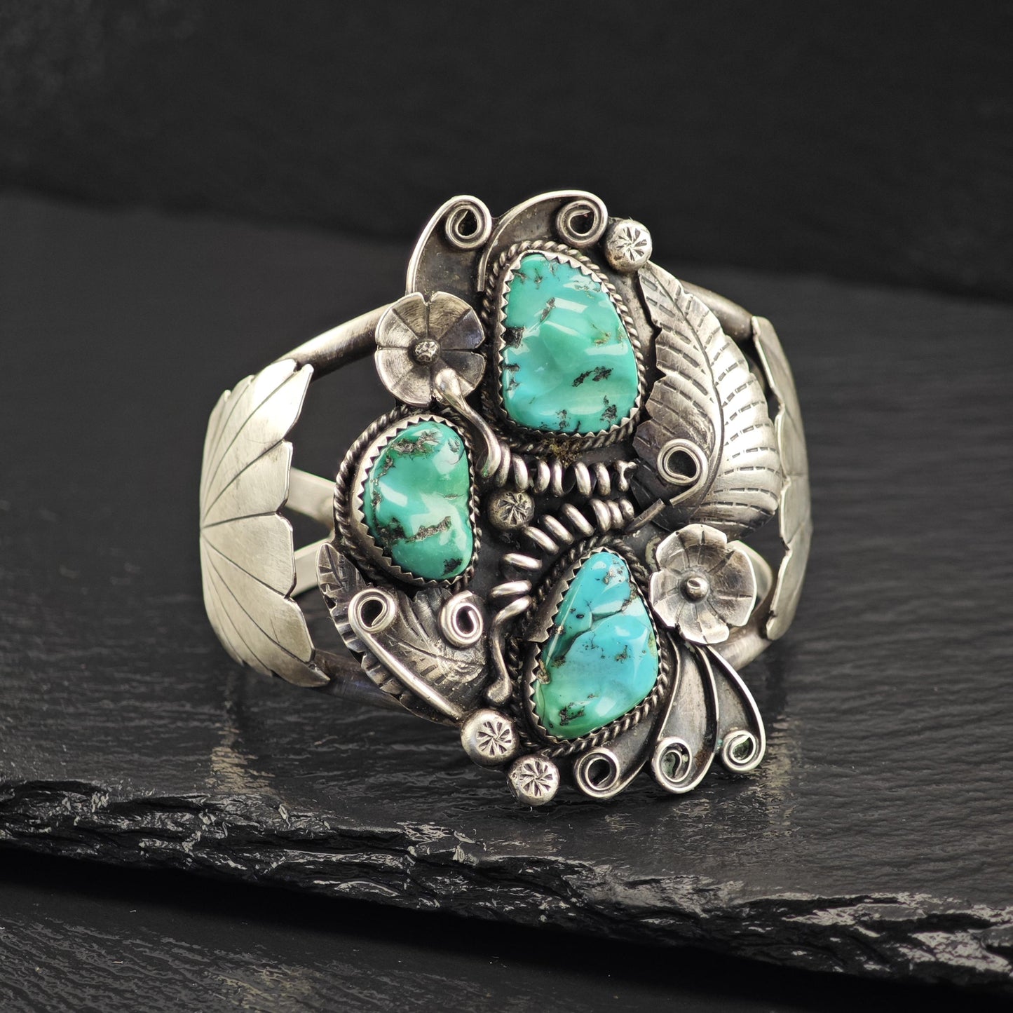 Native American Blue Turquoise Floral Cuff Bracelet Sterling Silver