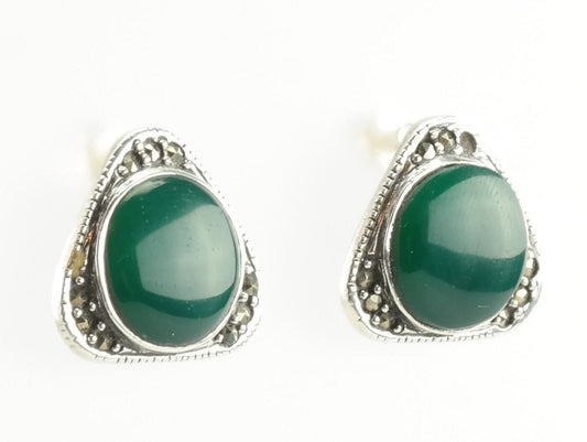 Modernist Green Chrysoprase Marcasite Triangle Earrings Sterling Silver