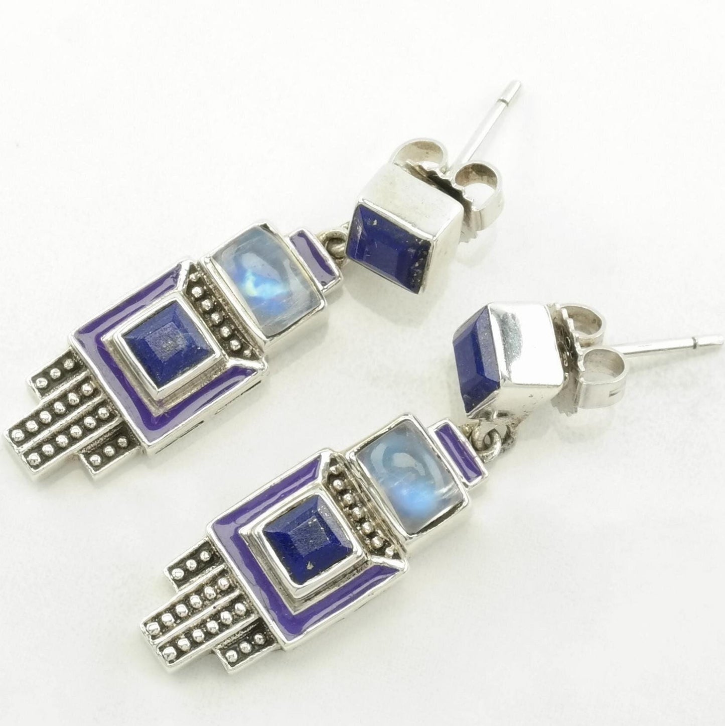 Nicky Butler Sterling Silver Lapis Lazuli, Moonstone, Enamel Art Deco Style Earrings Stud/Dangle