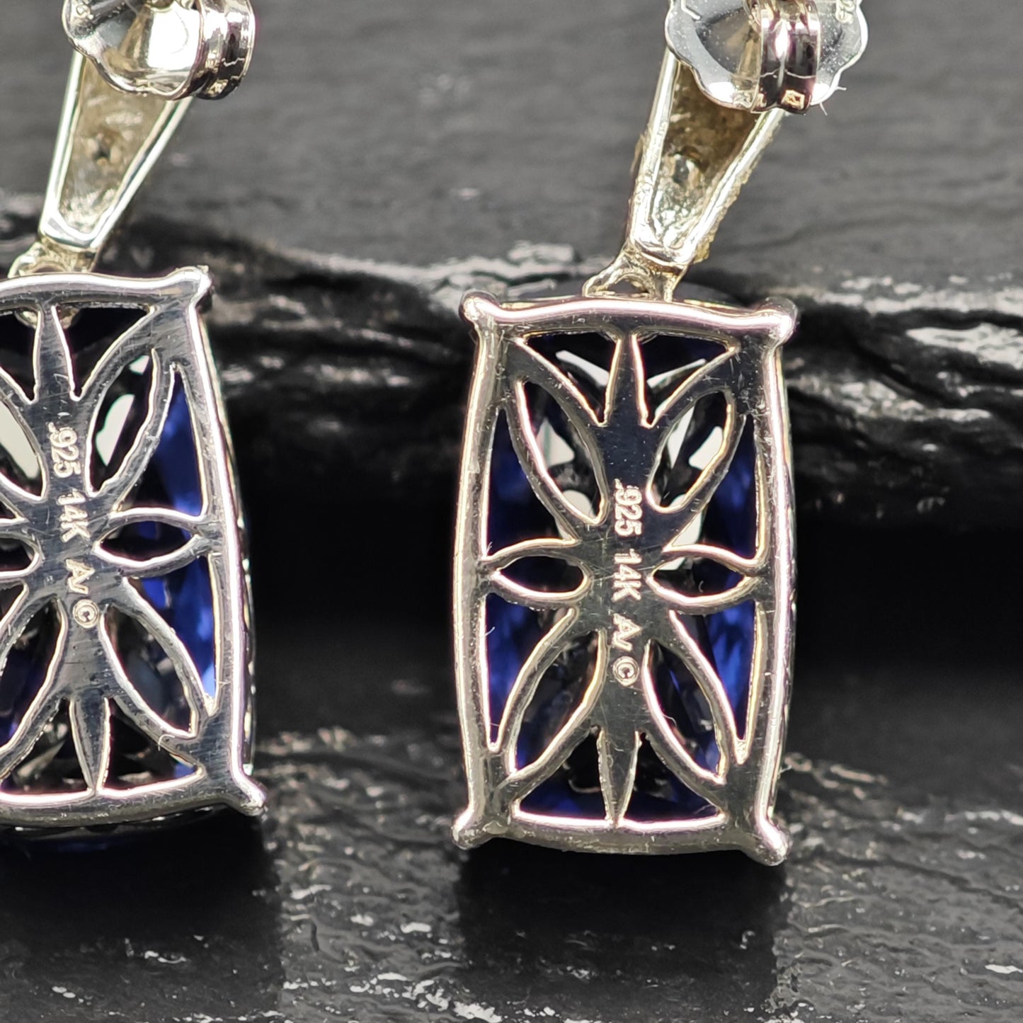 Designer Blue Lab Sapphire, 14K Gold Accent Sterling Silver Stud Earrings ER3183