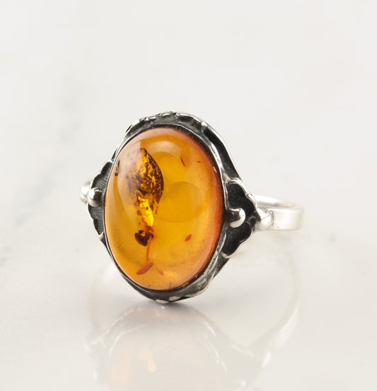 Art Nouveau Silver Ring Amber Sterling Size 7 1/4