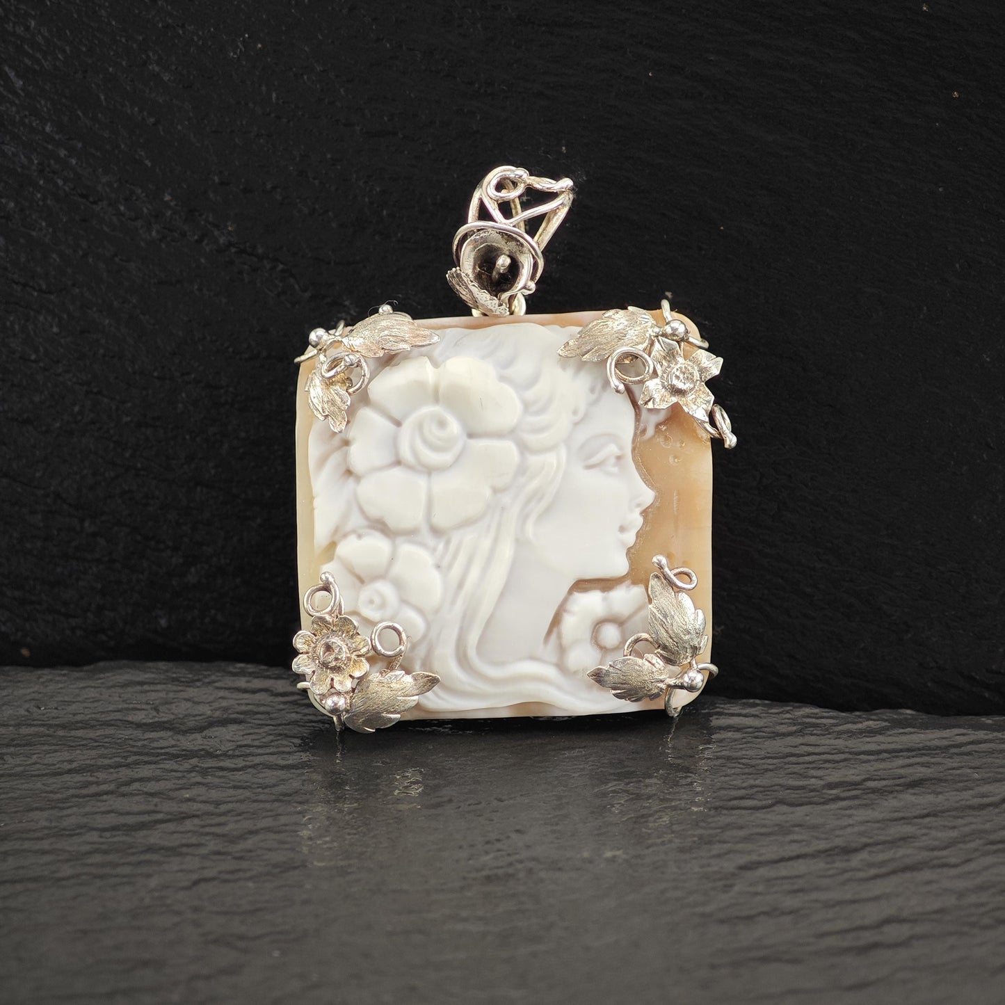 Vintage Italy Made Cameo Floral Pendant Sterling Silver