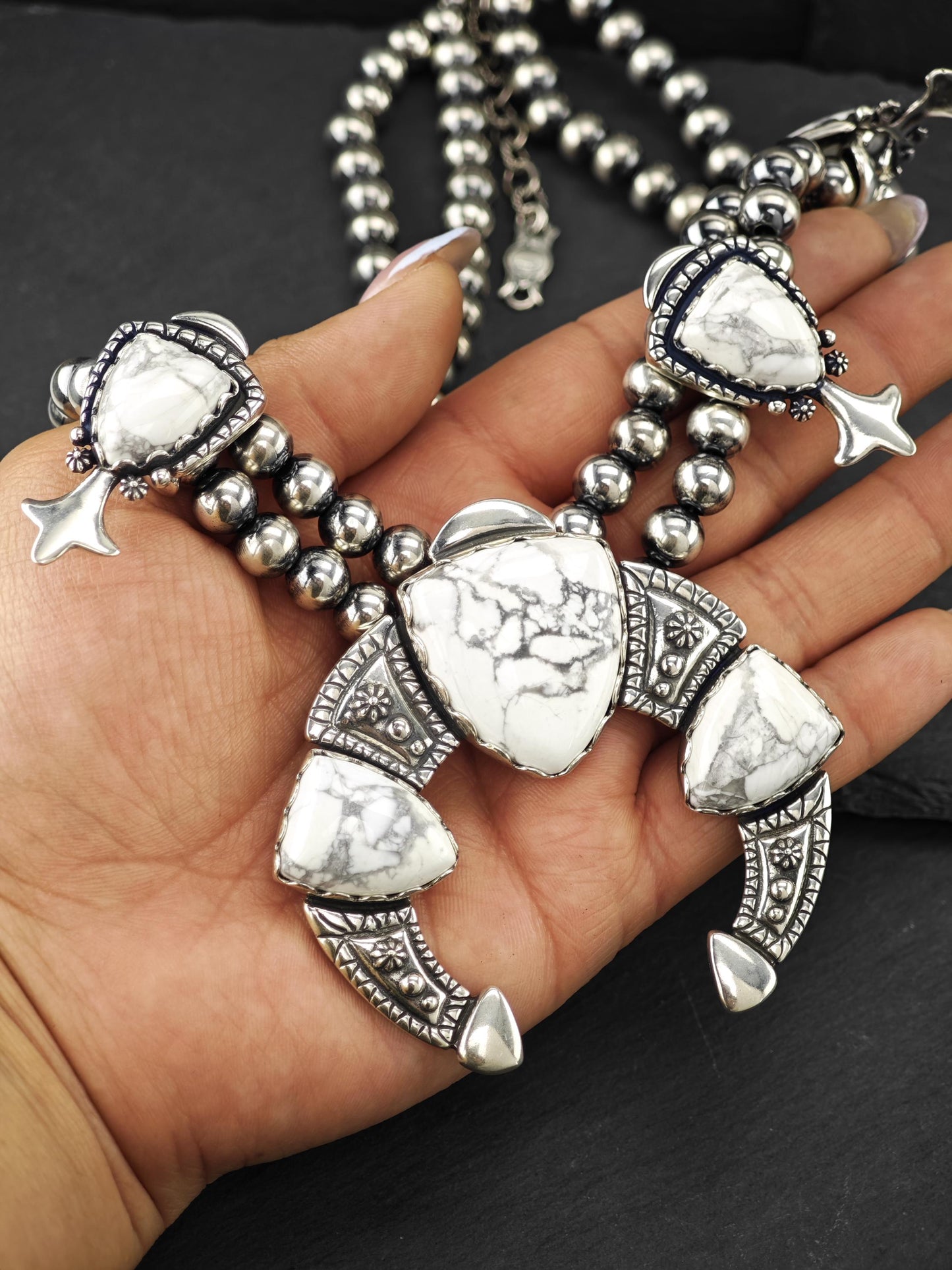 American West, Carolyn Pollack, Howlite Squash Blossom Necklace Sterling Silver