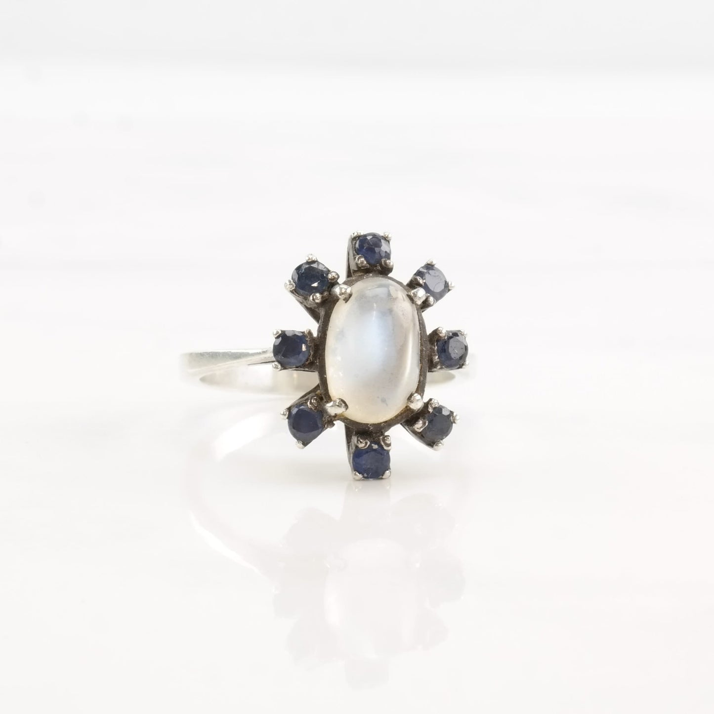 Mid Century Silver Ring Moonstone Sapphire Flower Sterling Size 7 1/4