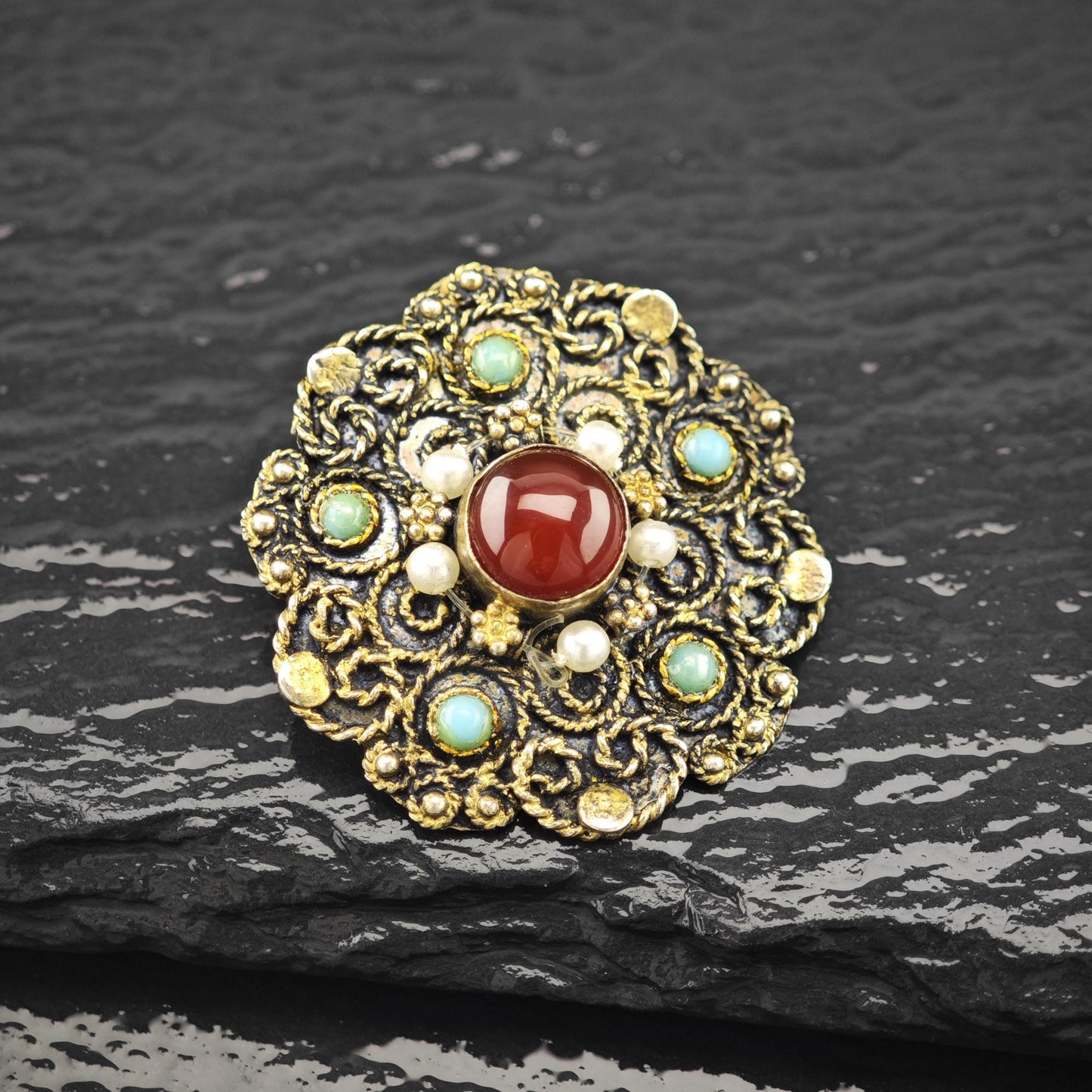 Filigree Pearl, Gemstone Gold Gilded Brooch/Pendant Sterling Silver