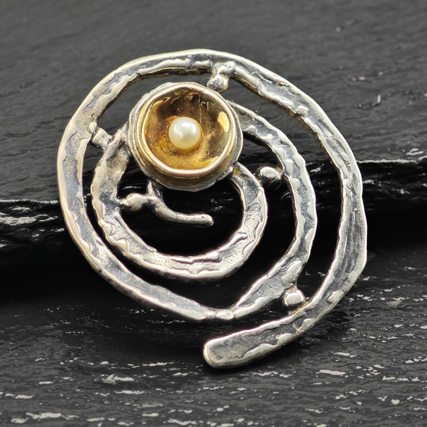 Brutalist Yigal Avinoam 14K Gold Accent, Pearl Sterling Silver Pendant P3081