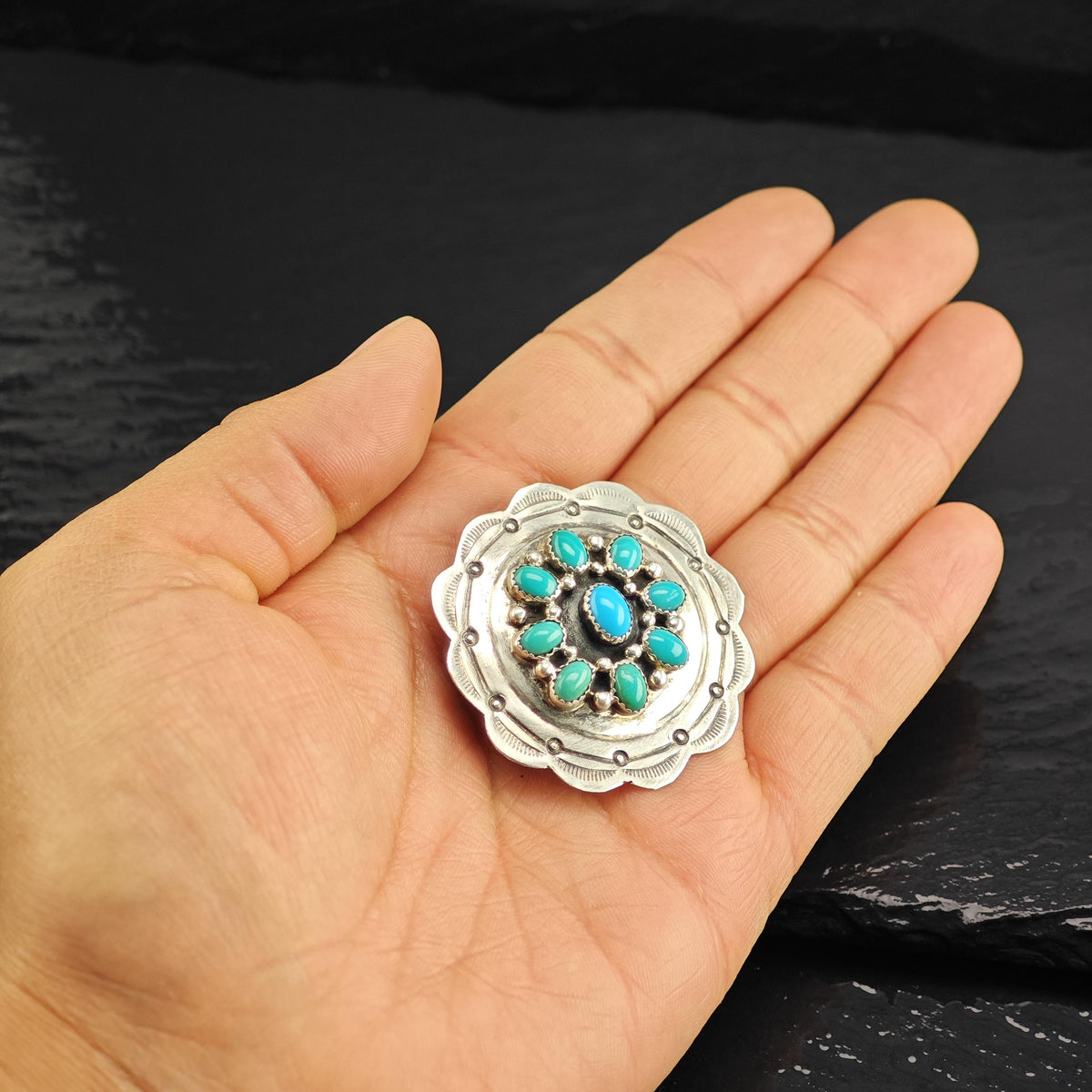 Turquoise Cluster Concho Sterling Silver Pendant/Brooch P3145