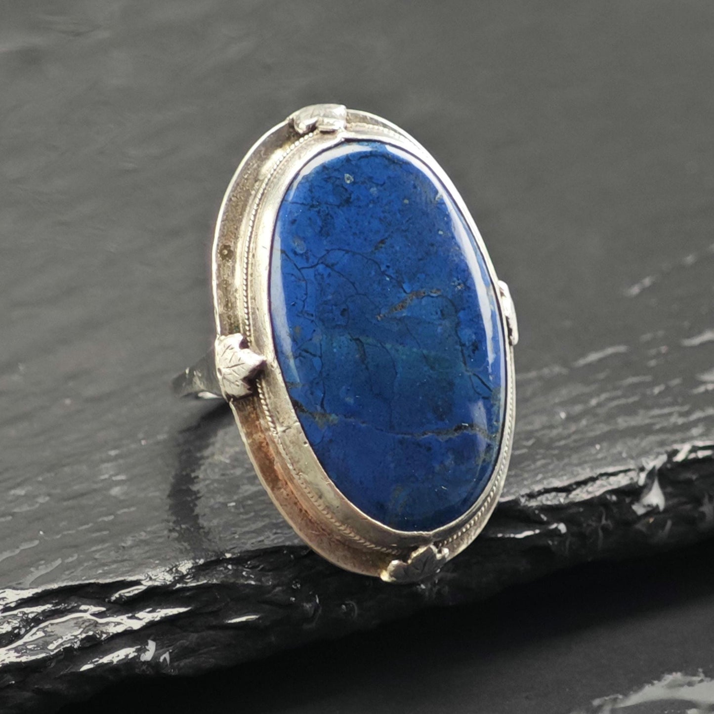Art Deco Large Blue Gemstone Sterling Silver Ring Sz 7 R6729