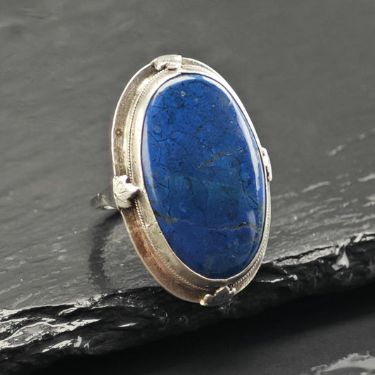 Art Deco Large Blue Gemstone Sterling Silver Ring Sz 7 R6729